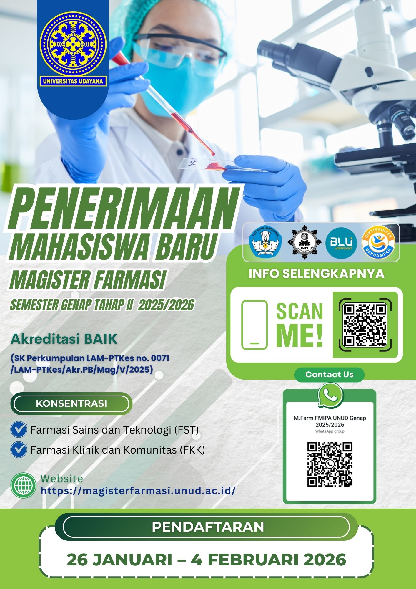 INFO PENERIMAAN MAHASISWA BARU MAGISTER FARMASI FMIPA UNIVERSITAS UDAYANA Semester Genap Tahap II Tahun Akademik 2025/2026